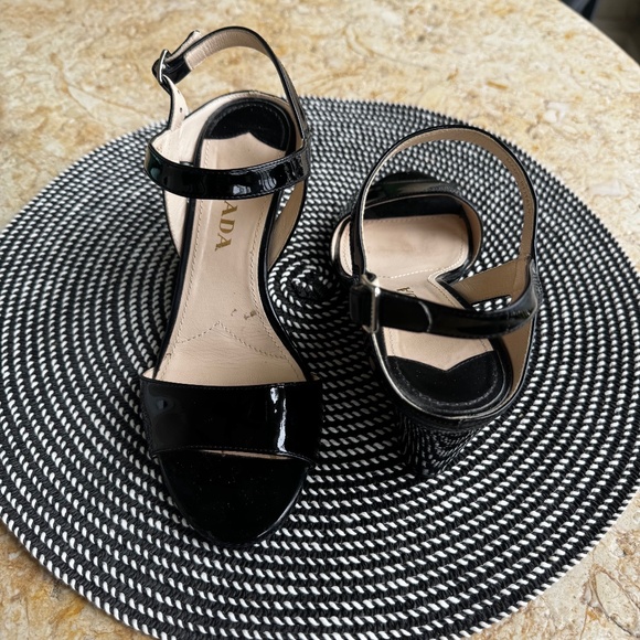 Prada Black Patent Open Toe Wedge Sandals, size 36.5 - Picture 2 of 7
